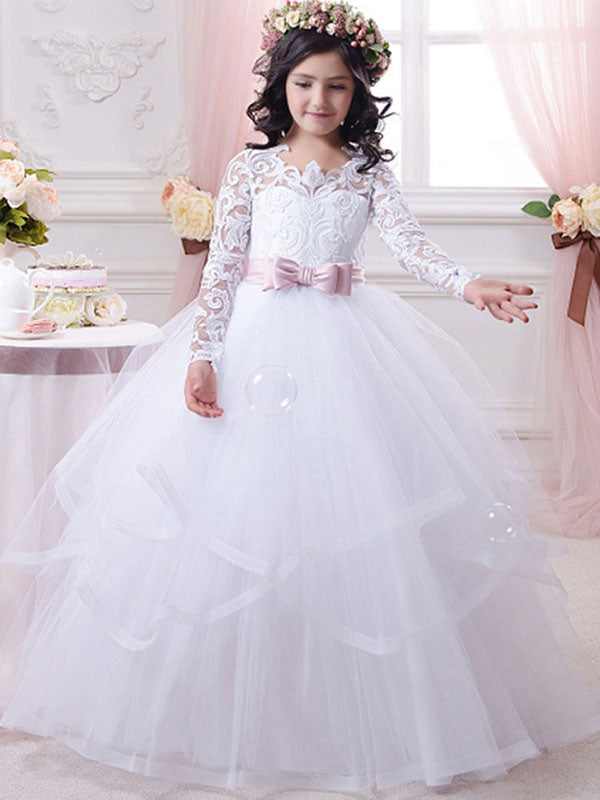 Jewel Neck Tulle Long Sleeves Floor-Length Ball Gown Bows Kids Pageant ...