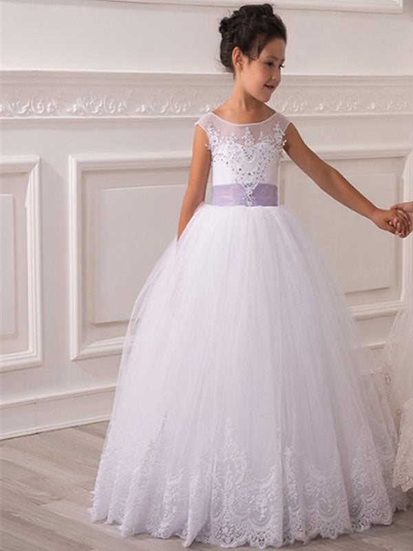 Jewel Neck Tulle Sleeveless Ankle Length Princess Bows Kids Party Dresses-showprettydress