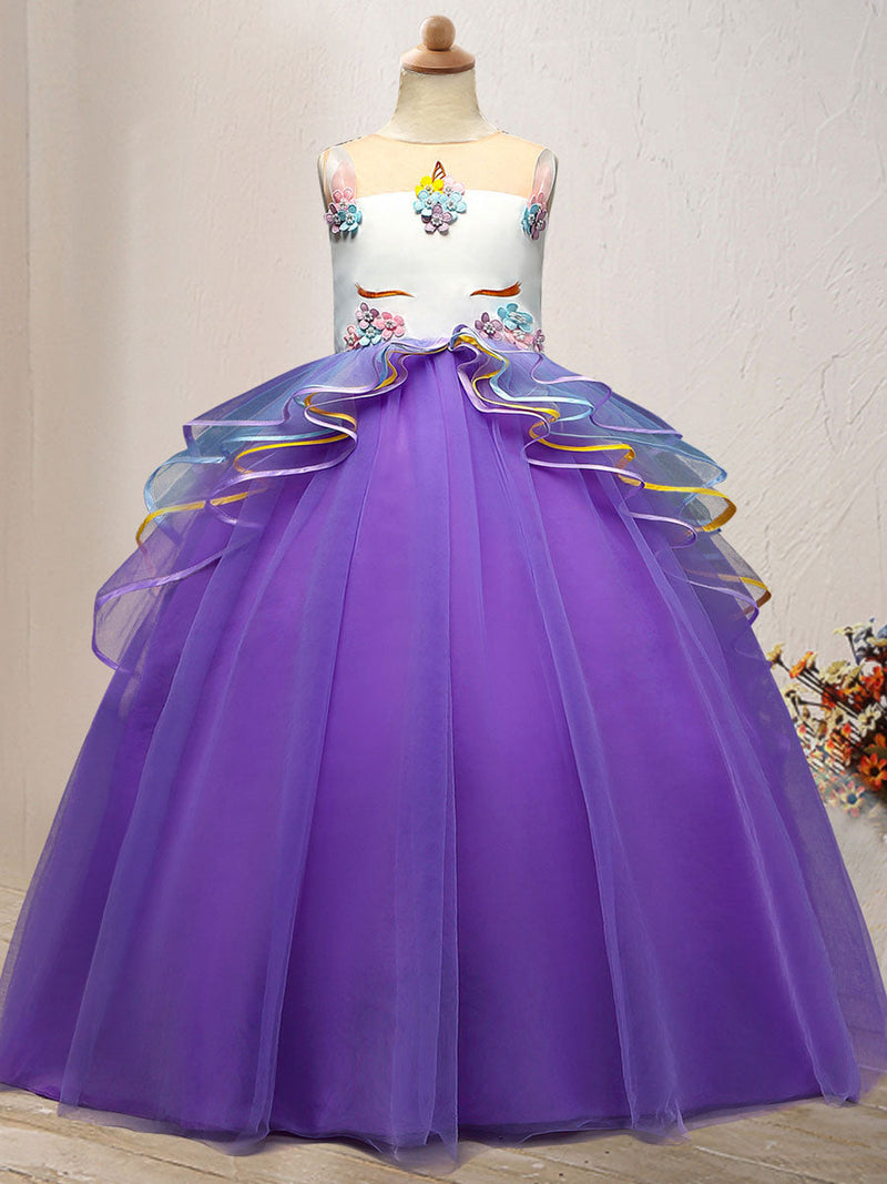 Jewel Neck Tulle Sleeveless Ankle Length Princess Embroidered Kids Social Party Dresses-showprettydress