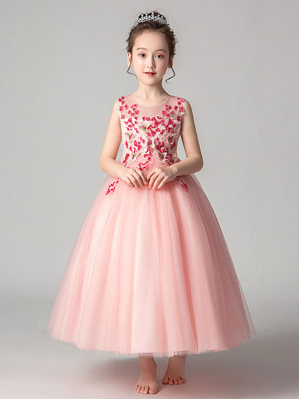 Jewel Neck Tulle Sleeveless Ankle Length Princess Flowers Kids Party Dresses-showprettydress