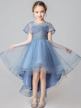 Jewel Neck Tulle Sleeveless Asymmetrical Princess Embroidered Kids Party Dresses-showprettydress