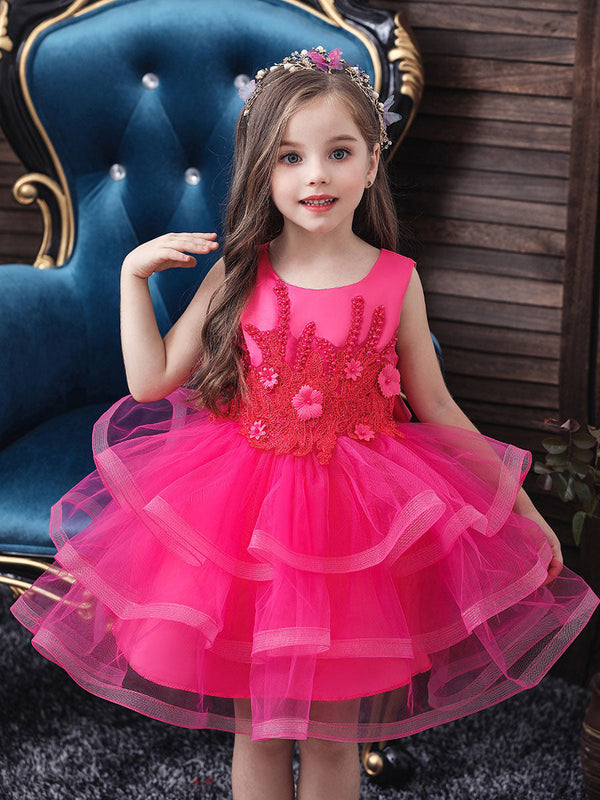 Jewel Neck Tulle Sleeveless Short Princess Beaded Kids Party Dresses-showprettydress