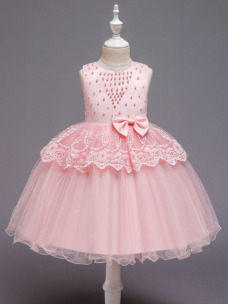 Jewel Neck Tulle Sleeveless Short Princess Bows Formal Kids Pageant flower girl dresses-showprettydress