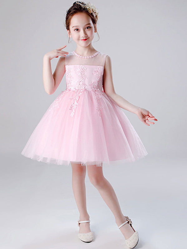 Jewel Neck Tulle Sleeveless Short Princess Embroidered Kids Social Party Dresses-showprettydress