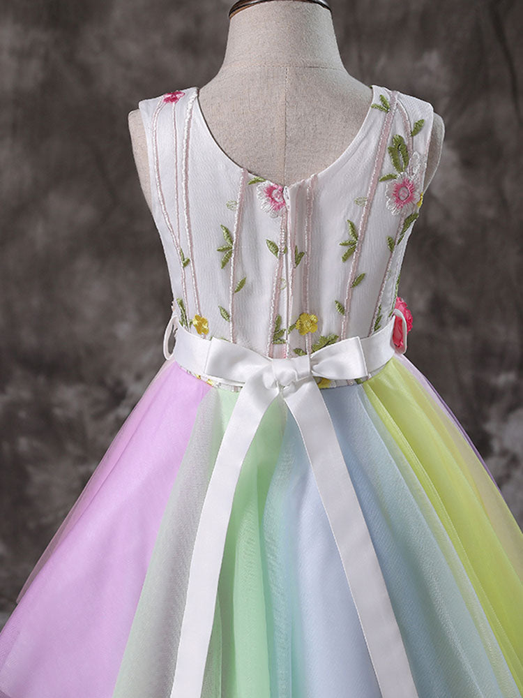 Jewel Neck Tulle Sleeveless Short Sash Princess Embroidered Kids Social Party Dresses-showprettydress