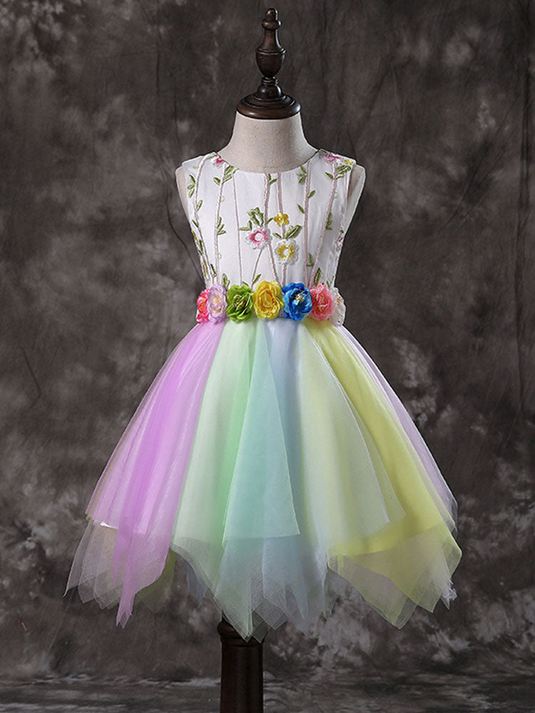 Jewel Neck Tulle Sleeveless Short Sash Princess Embroidered Kids Social Party Dresses-showprettydress