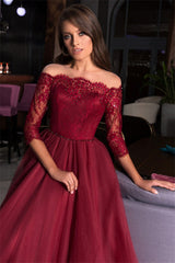 Lace A-line Bateau Evening Gowns Burgundy Party Dresses-showprettydress