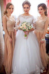 Lace Appliques Long Sleeves Wedding Dresses Tulle Floor Length Bridal Gowns-showprettydress