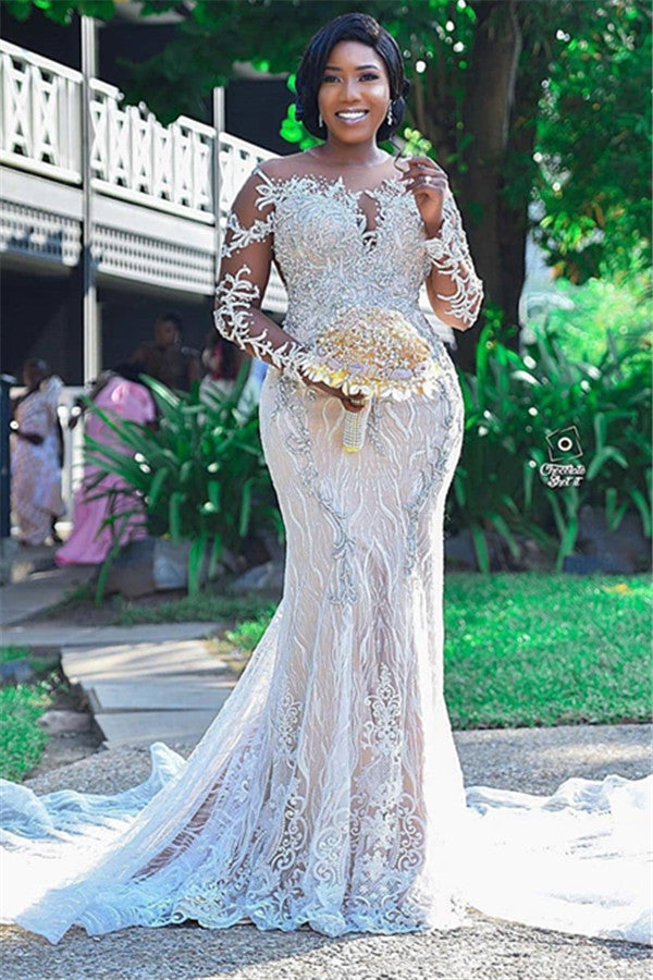 Lace Appliques Mermaid Wedding Dress Long Sleeves Plus Size Bridal Dresses-showprettydress