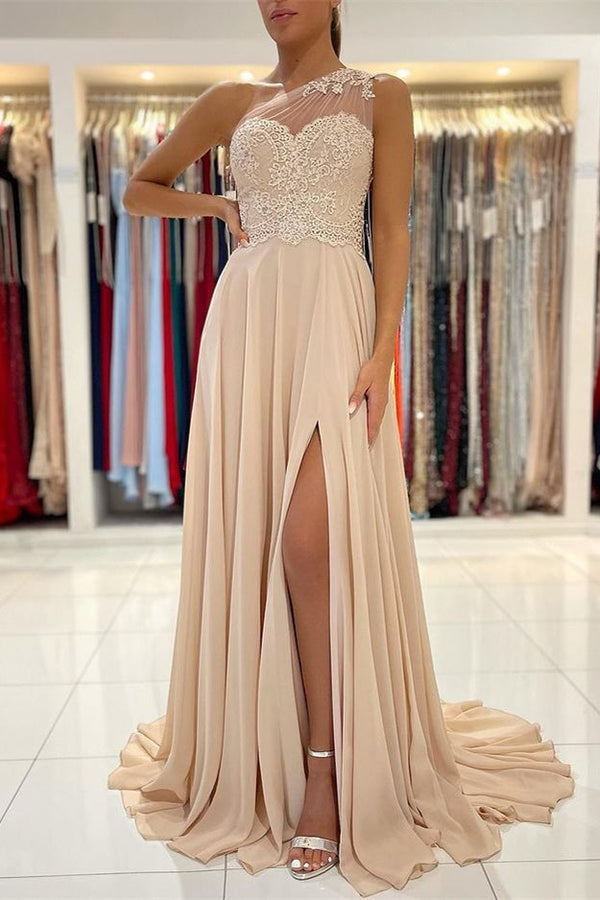 Lace Appliques Sleeveless One-Shoulder Prom Dress-showprettydress