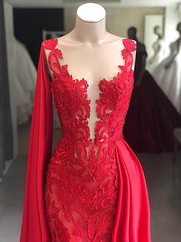 Lace Long Evening Dresses Sleeveless Red Prom Dresses with Cape-showprettydress