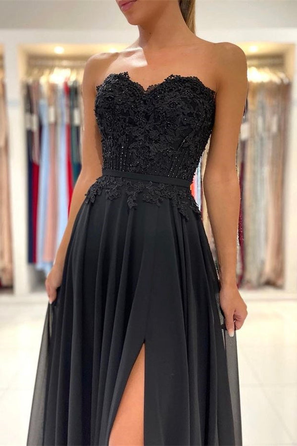 Lace Long Front Split Prom Dress Off-the-shoulder Evening Gown-showprettydress