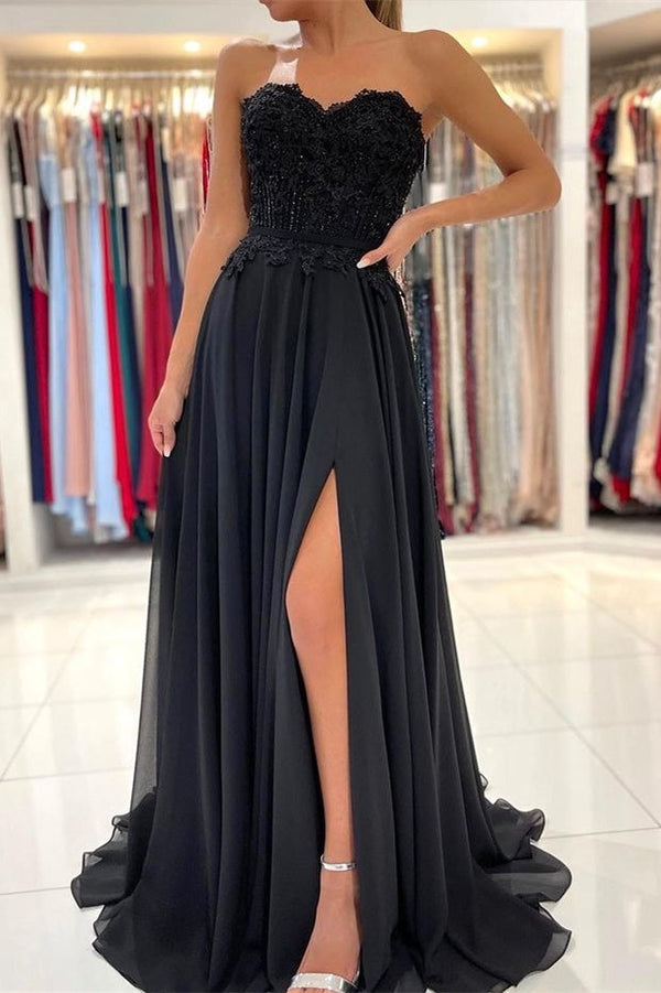 Lace Long Front Split Prom Dress Off-the-shoulder Evening Gown-showprettydress