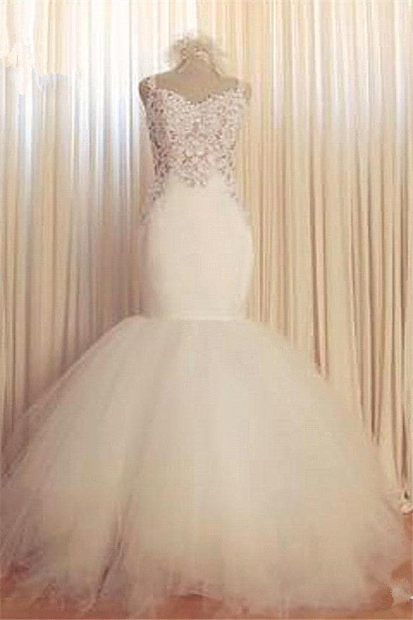 Lace Mermaid Tulle Bridal Gowns Open Back Sleeveless Modern Bridal Gowns Online-showprettydress