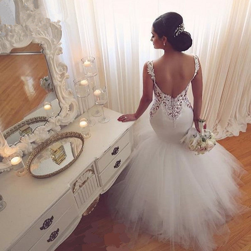 Lace Mermaid Tulle Bridal Gowns Open Back Sleeveless Modern Bridal Gowns Online-showprettydress