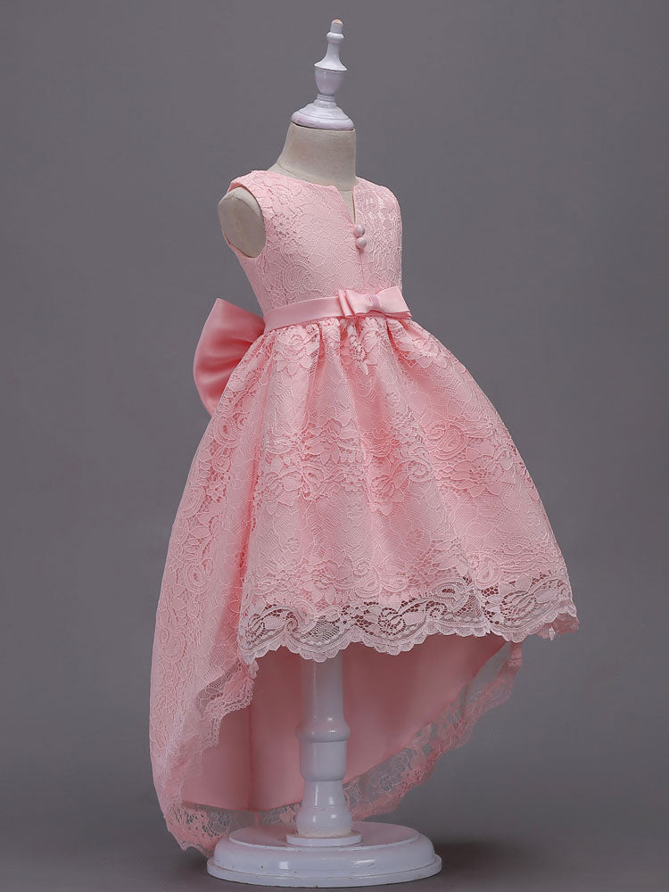 Lace Pink High Low Ball Gowns Sleeveless Bow Sash Princess Party Dresses-showprettydress