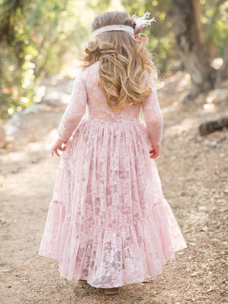 Lace Pink Round Neck Long Sleeve Flower Girl Dress-showprettydress