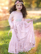 Lace Pink Round Neck Long Sleeve Flower Girl Dress-showprettydress