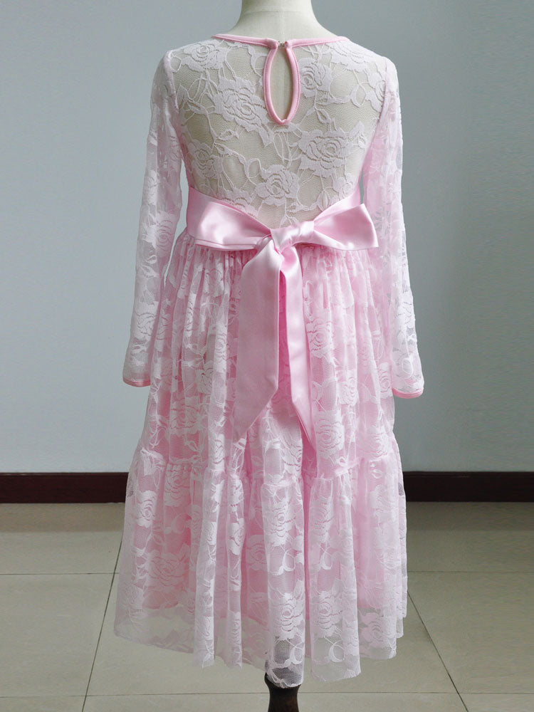 Lace Pink Round Neck Long Sleeve Flower Girl Dress-showprettydress