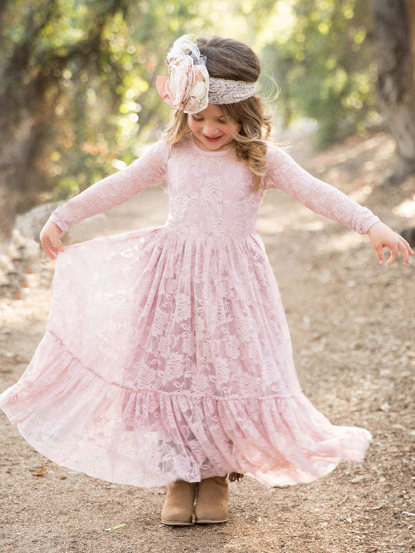 Lace Pink Round Neck Long Sleeve Flower Girl Dress-showprettydress