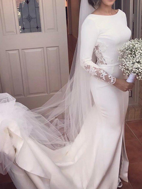 Lace Satin Long Sleevess Mermaid Scoop Court Train Wedding Dresses-showprettydress