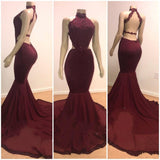 Lace Top High Neck Mermaid Long Burgundy Prom Dresses-showprettydress