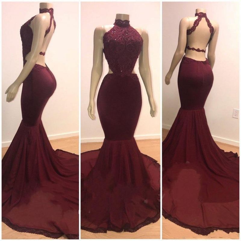 Lace Top High Neck Mermaid Long Burgundy Prom Dresses-showprettydress