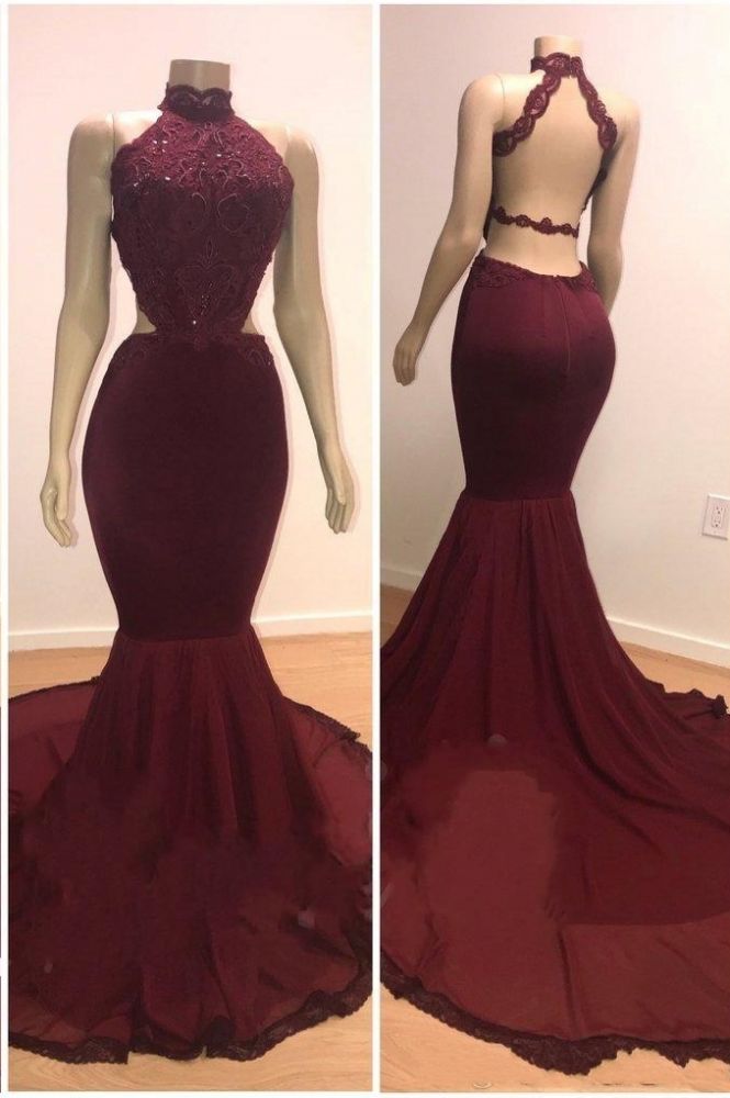 Lace Top High Neck Mermaid Long Burgundy Prom Dresses-showprettydress