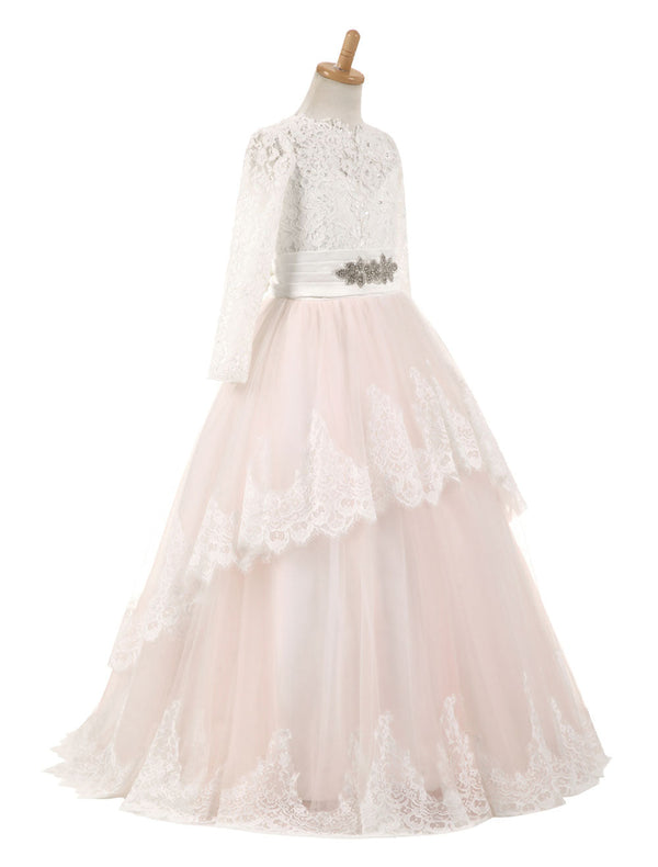 Lace Tulle Bows Satin Pageant Dresses Round Neck Long Sleeve Sash Blush Pink Floor Length Party Dress-showprettydress