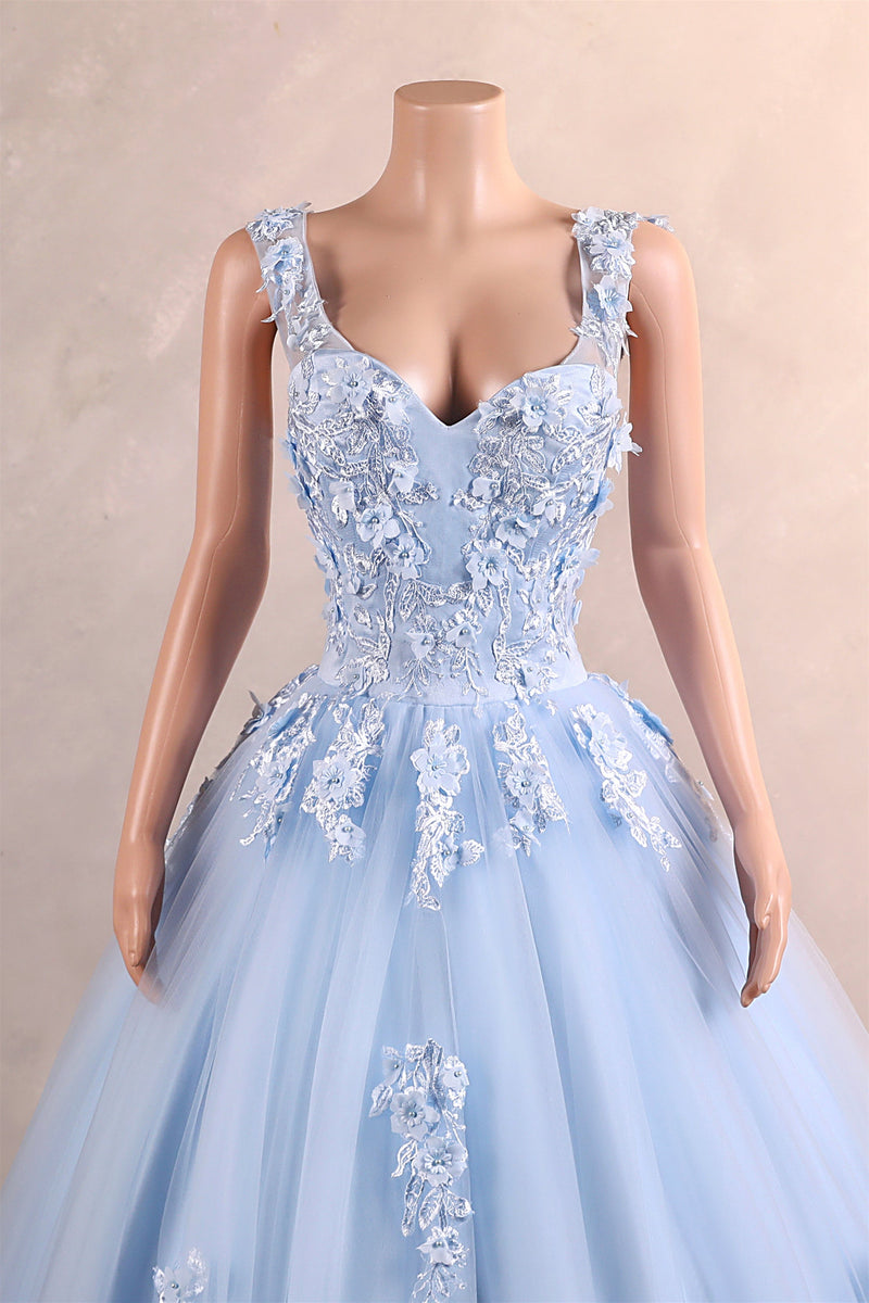 Light Blue Staps Lace Appliques Sleeveless Ball Gown Tulle Prom Dresses-Showprettydress