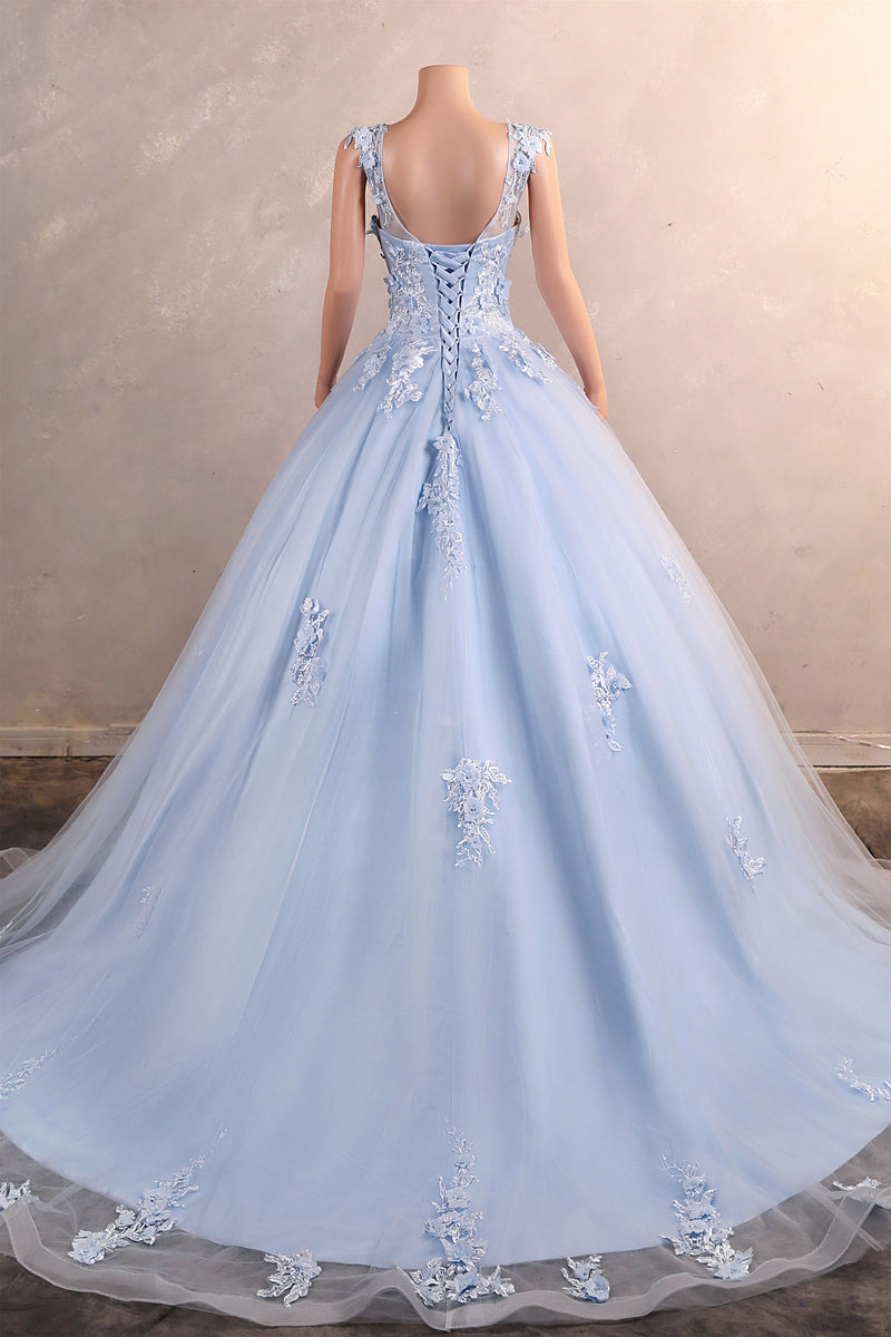 Light Blue Staps Lace Appliques Sleeveless Ball Gown Tulle Prom Dresses-Showprettydress