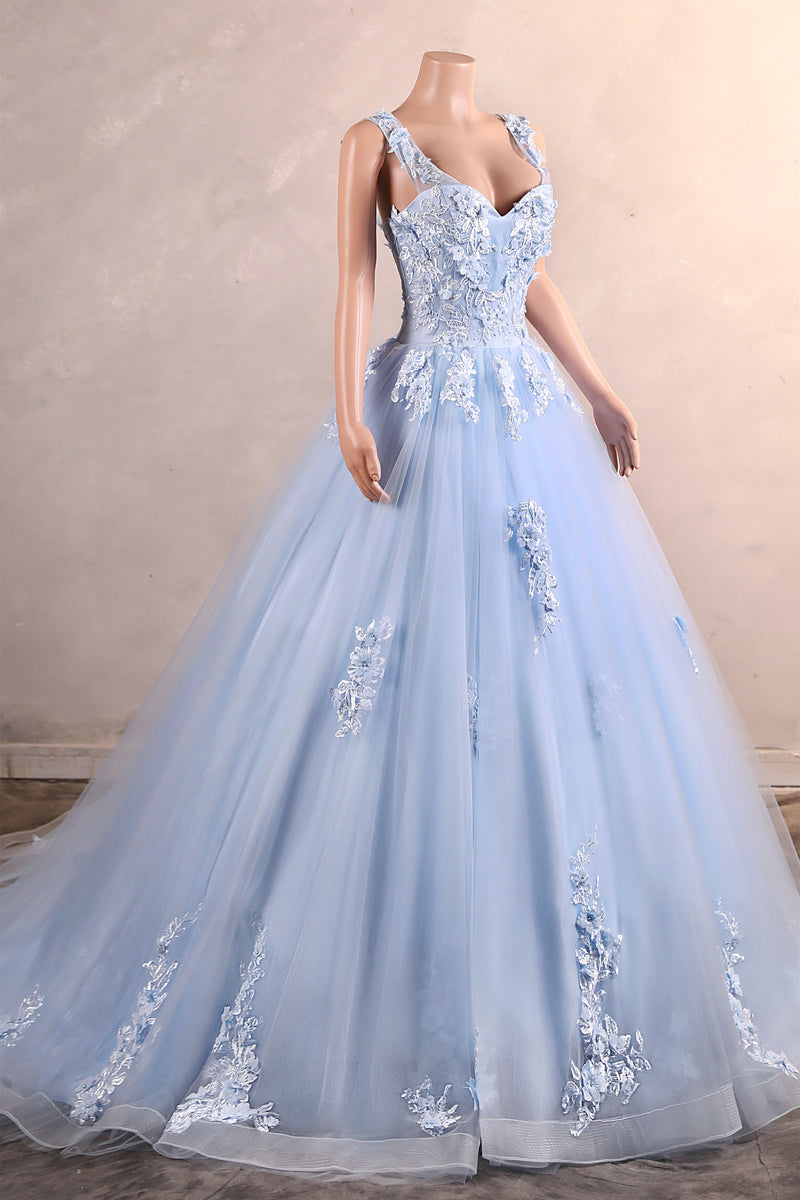 Light Blue Staps Lace Appliques Sleeveless Ball Gown Tulle Prom Dresses-Showprettydress