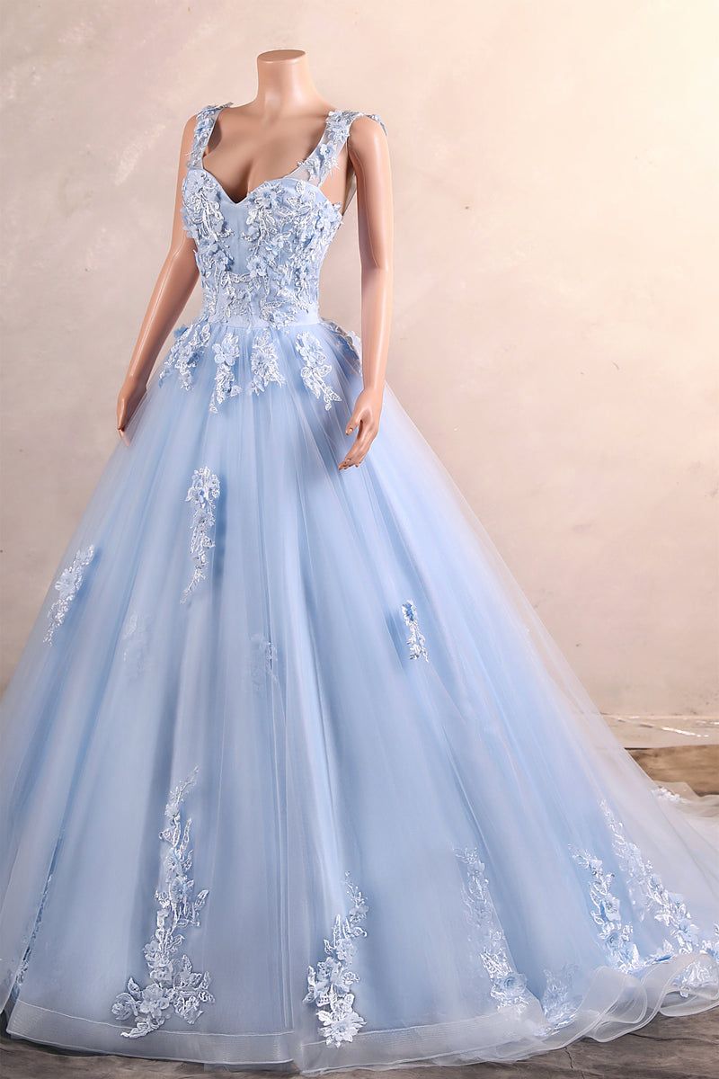 Light Blue Staps Lace Appliques Sleeveless Ball Gown Tulle Prom Dresses-Showprettydress