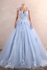 Light Blue Staps Lace Appliques Sleeveless Ball Gown Tulle Prom Dresses-Showprettydress