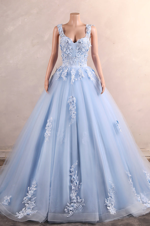 Light Blue Staps Lace Appliques Sleeveless Ball Gown Tulle Prom Dresses-Showprettydress