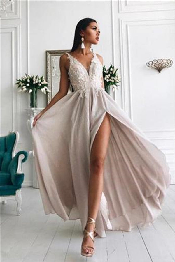 Light Chiffon Chic Slit Formal Dresses Lace Appliques Popular Long Evening Dress-showprettydress