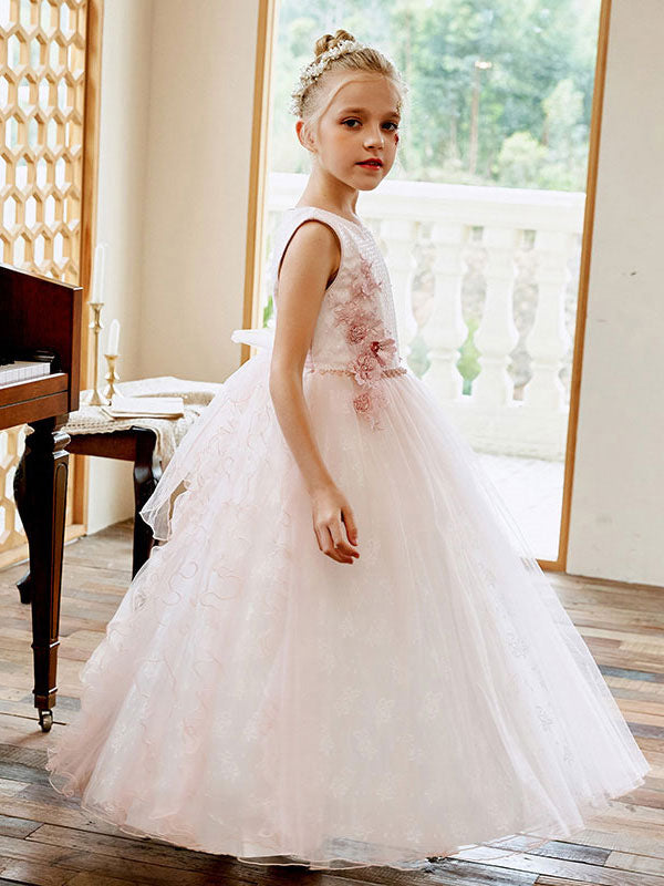 Light Pink Jewel Neck Lace Sleeveless Ankle-Length A-Line Sash Kids Social Party Dresses-showprettydress