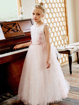 Light Pink Jewel Neck Lace Sleeveless Ankle-Length A-Line Sash Kids Social Party Dresses-showprettydress