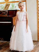 Light Pink Jewel Neck Lace Sleeveless Ankle-Length A-Line Sash Kids Social Party Dresses-showprettydress