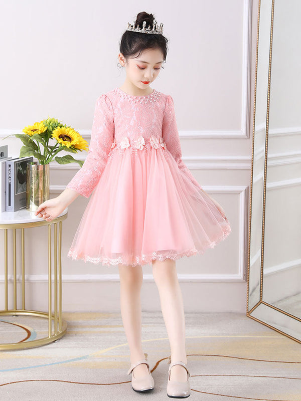 Light Pink Jewel Neck Long Sleeves Beaded Tulle Lace Kids Social Party Dresses-showprettydress