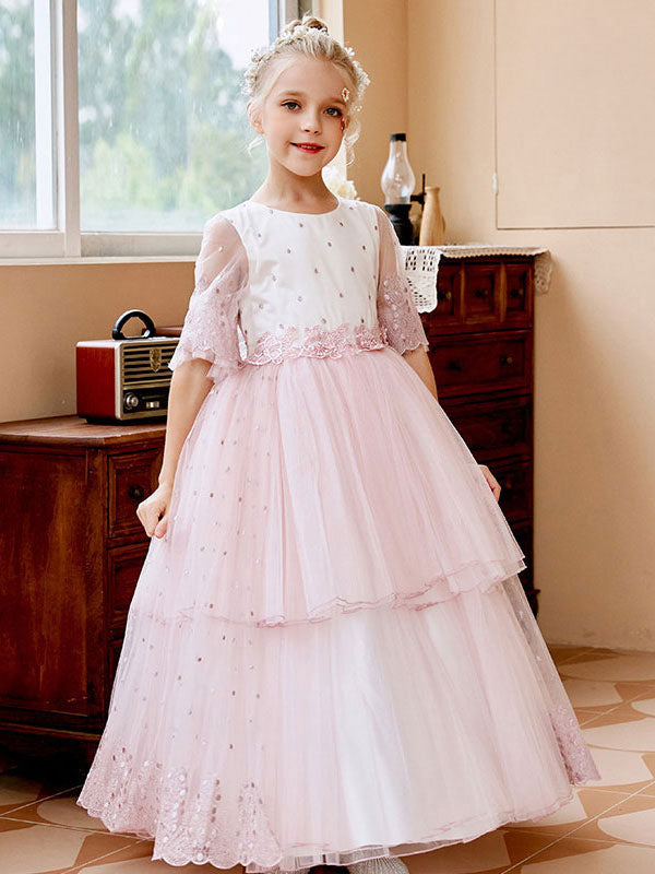 Light Pink Jewel Neck Short Sleeves Sash Lace Tulle Formal Kids Pageant flower girl dresses-showprettydress