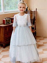 Light Pink Jewel Neck Short Sleeves Sash Lace Tulle Formal Kids Pageant flower girl dresses-showprettydress