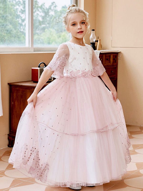 Light Pink Jewel Neck Short Sleeves Sash Lace Tulle Formal Kids Pageant flower girl dresses-showprettydress