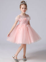 Light Pink Jewel Neck Short Sleeves Short A-Line Flowers Kids Party Dresses-showprettydress