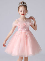 Light Pink Jewel Neck Short Sleeves Short A-Line Flowers Kids Party Dresses-showprettydress