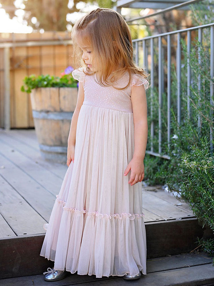 Light Pink Jewel Neck Sleeveless Ankle-Length A-Line Lace Kids Party Dresses-showprettydress