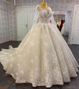 Long A-line Bateau Appliques Lace Sequins Tulle Wedding Dress-showprettydress