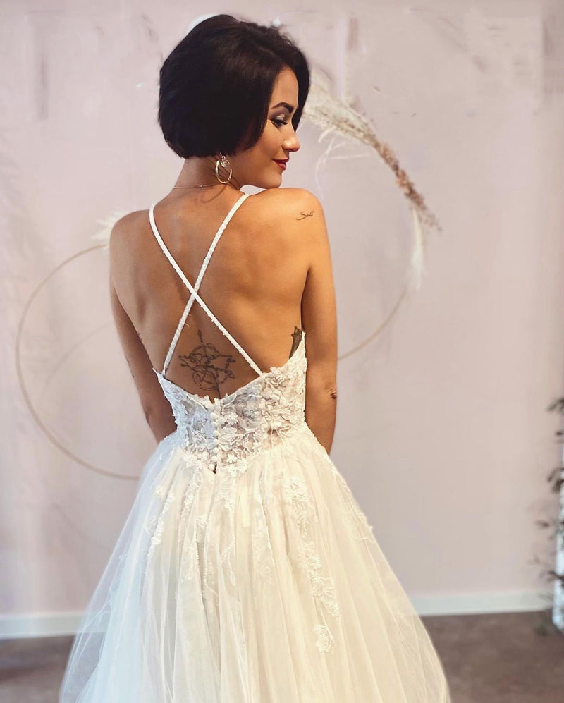 Long A-line Deep V-neck Tulle Spaghetti Straps Lace Backless Wedding Dress-showprettydress