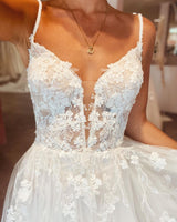 Long A-line Deep V-neck Tulle Spaghetti Straps Lace Backless Wedding Dress-showprettydress