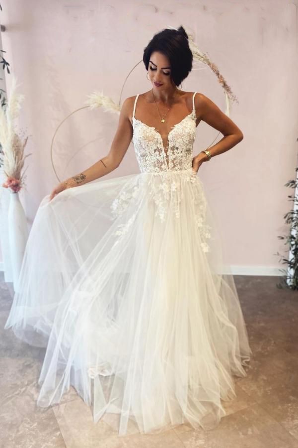 Long A-line Deep V-neck Tulle Spaghetti Straps Lace Backless Wedding Dress-showprettydress